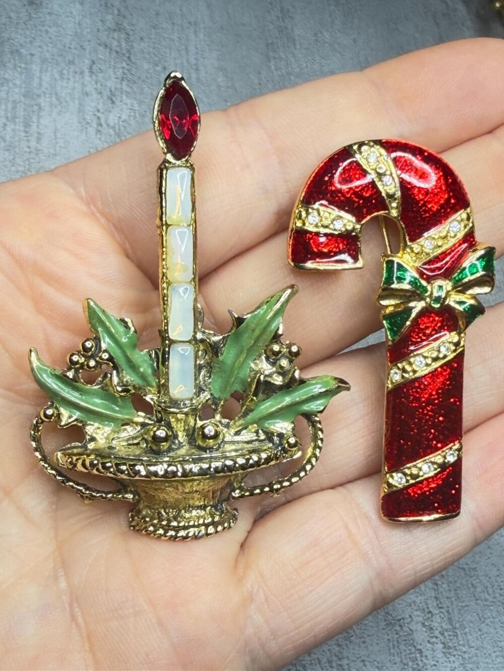 Christmas Brooches Set of 2 Candle Candy Cane Vintage Pins